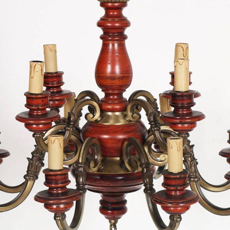 Florence Renaissance Chandelier With Twelve Lights, Bronze, Red Lacquered Wood photo for sale