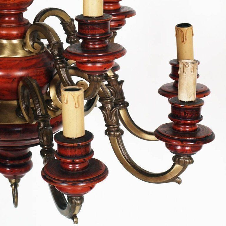 Florence Renaissance Chandelier With Twelve Lights, Bronze, Red Lacquered Wood photo 1881.08