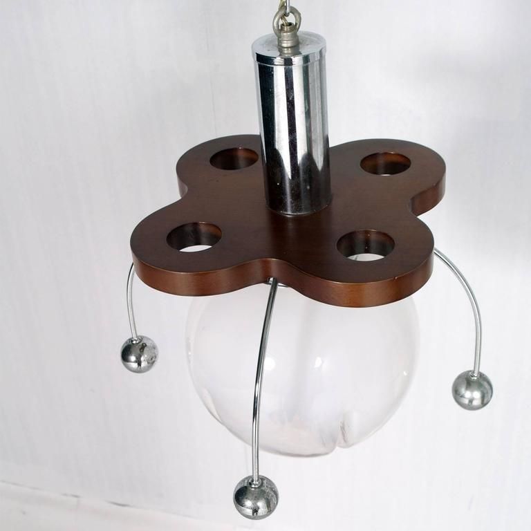 Italian 1960s Mazzega Murano Glass Chandelier, Atomo, Wood And Chrome Plated photo Lighting