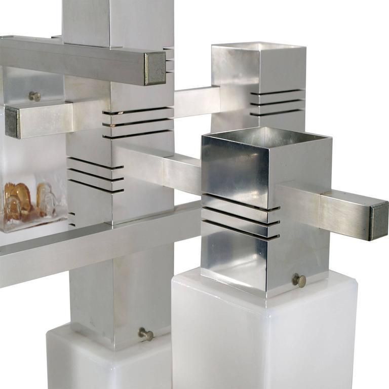 Metal Chrome Chandelier "Cubic" By Gaetano Sciolari For Mazzega Murano Glass photo Lighting
