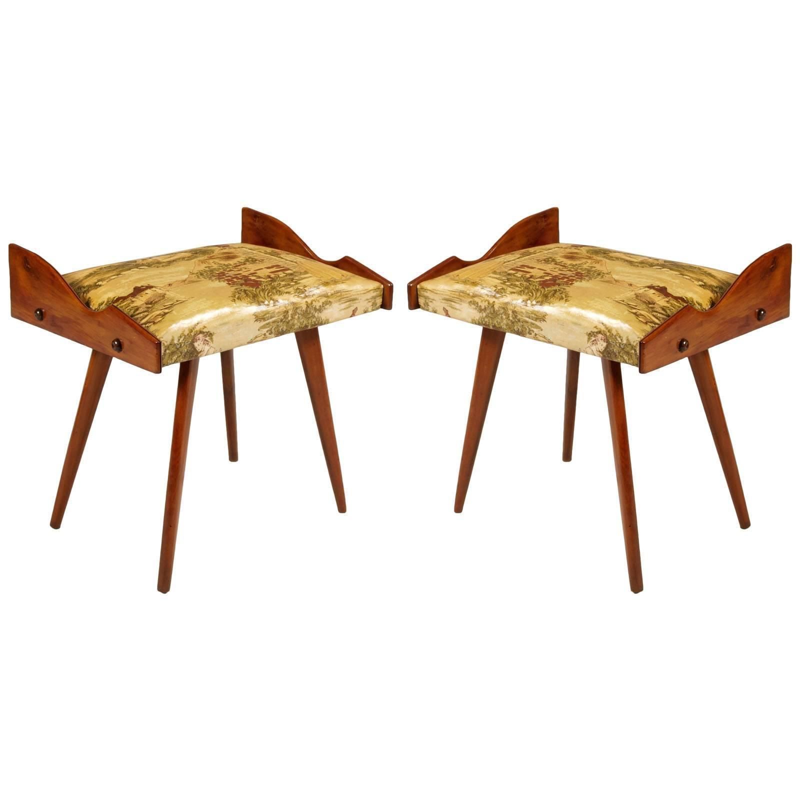 Pair Of Stools, Walnut, Plasticized And Printed Fabric By Ico Parisi
