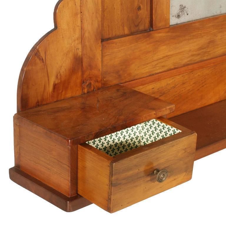 Art Nouveau Wall Mirror In Hand Carved Blond Walnut With Shelf And Two Drawers photo furniture