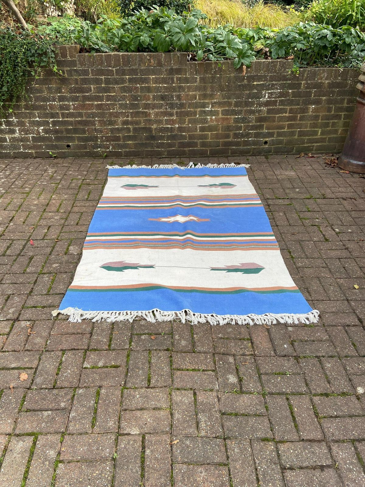 Vibrant Vintage Kilim Rug   80" X 60" (203cm X 152cm)   Blues, Browns, Creams