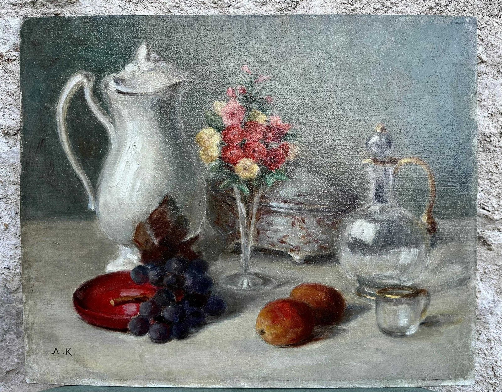 Still Life Oil Painting Fruits, Flowers, Porcelain And Glass Origin Art Signed Ak photo furniture