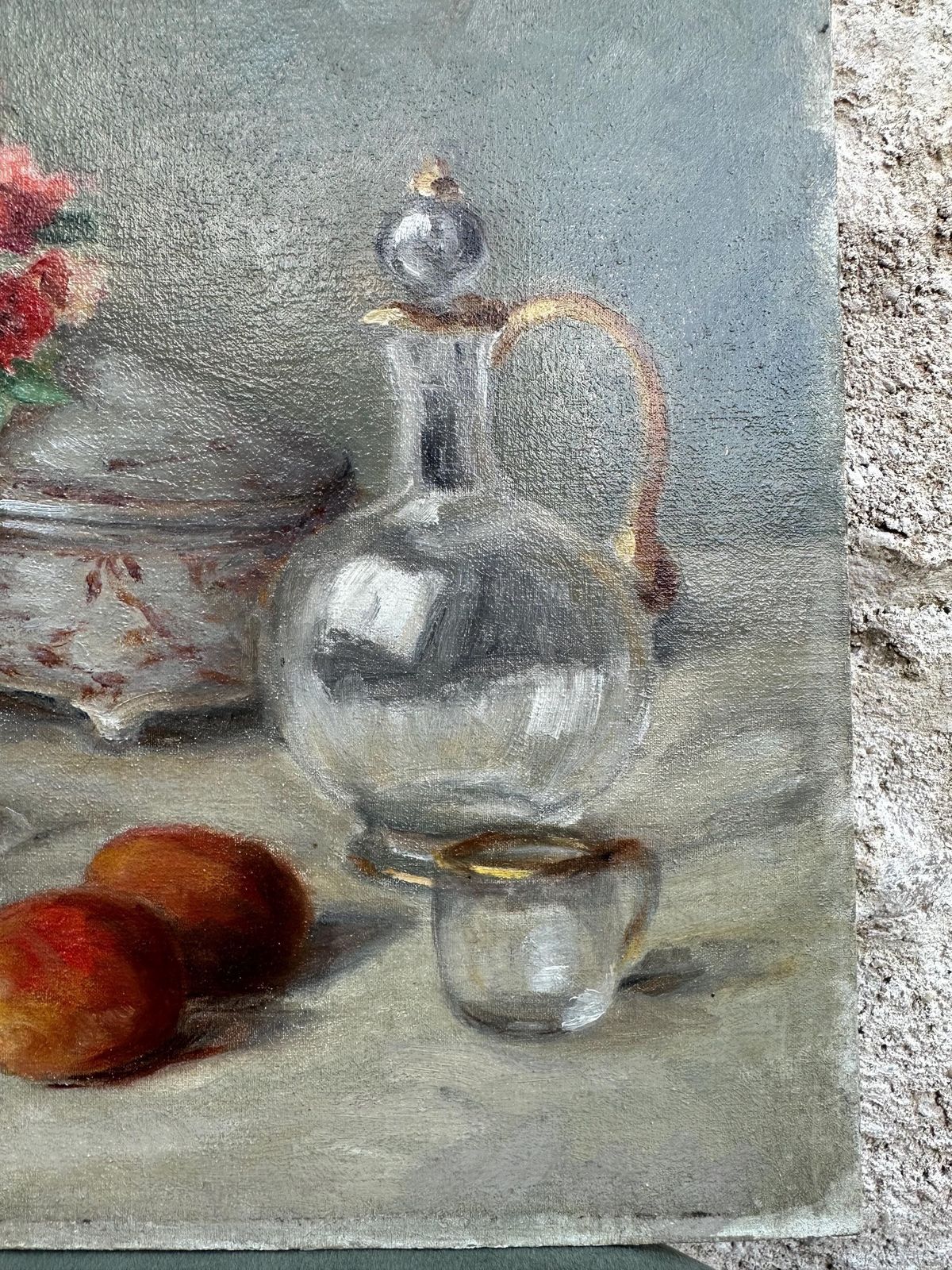 Still Life Oil Painting Fruits, Flowers, Porcelain And Glass Origin Art Signed Ak photo vinterior