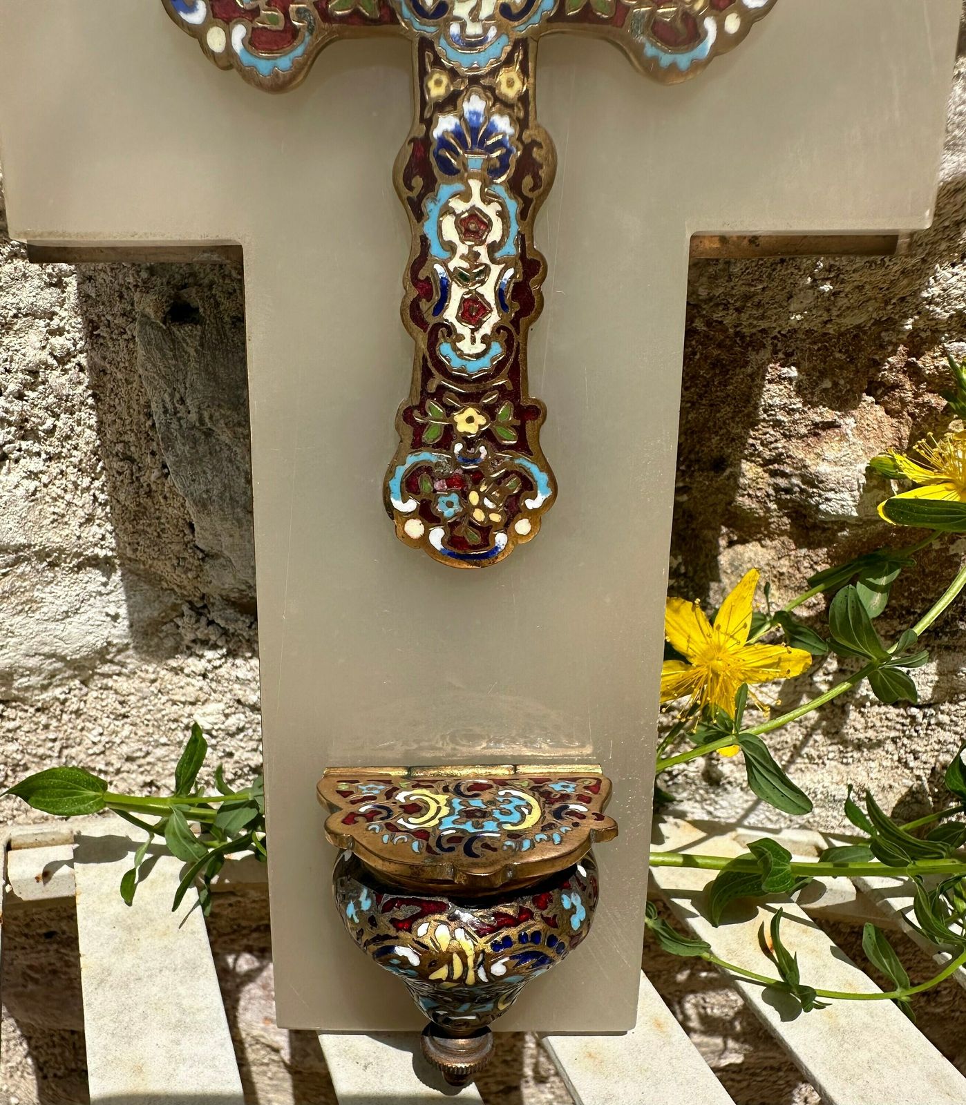 Antique French Cloisonne Enamel Holy Water Font On White Marble photo for sale