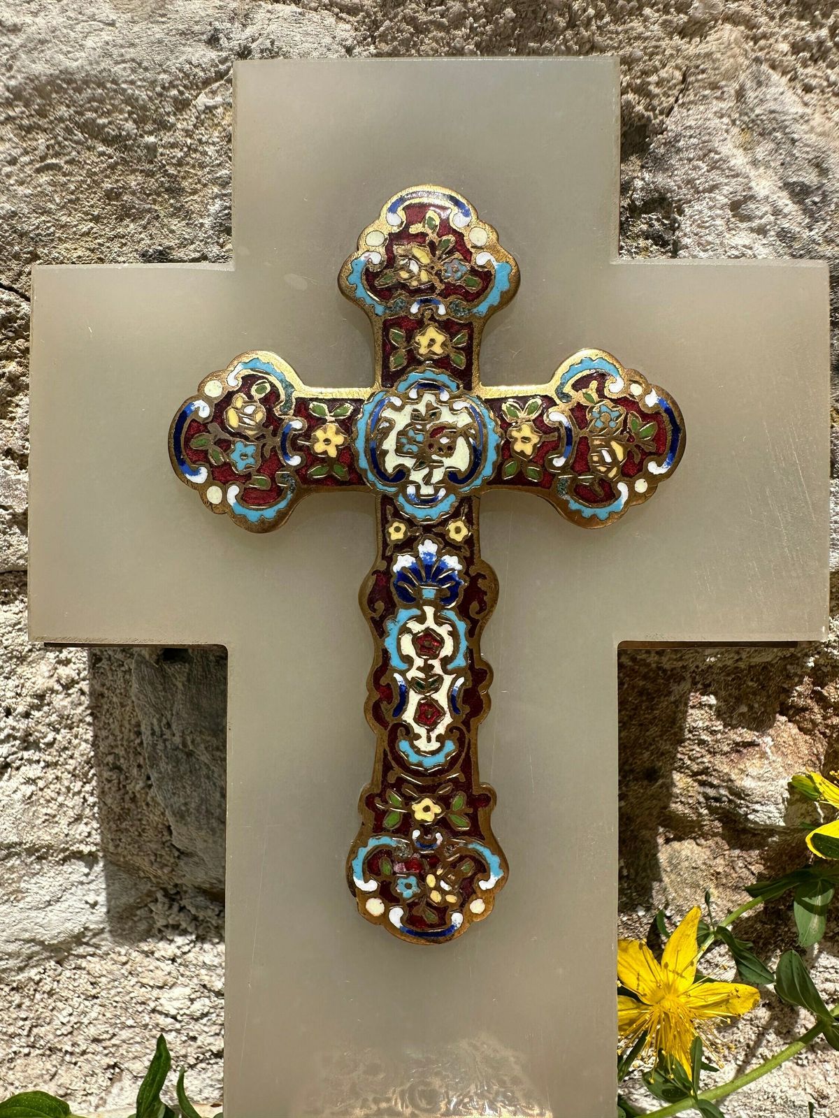 Antique French Cloisonne Enamel Holy Water Font On White Marble photo Art