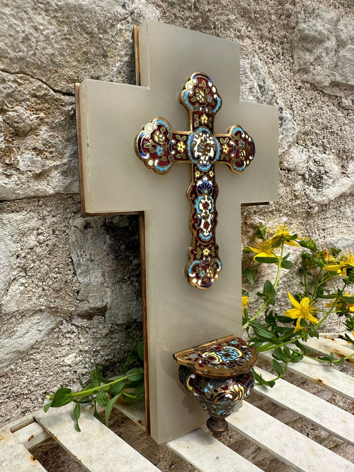 photo for sale Antique French Cloisonne Enamel Holy Water Font On White Marble