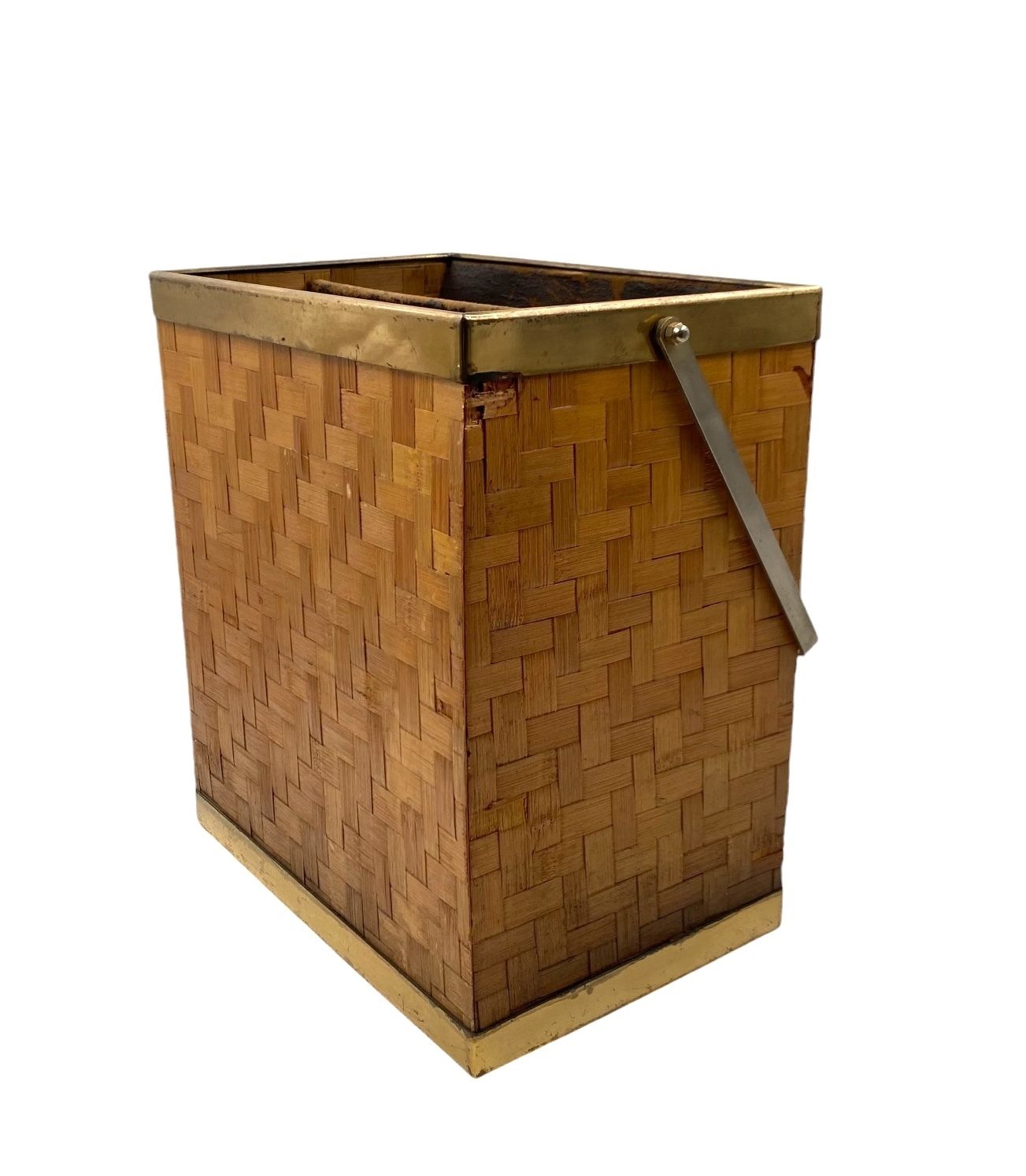Home Decor Hollywood Regency Brass And Woven Bamboo Magazine Rack, Metal Linea Nova Italy 1970 photo