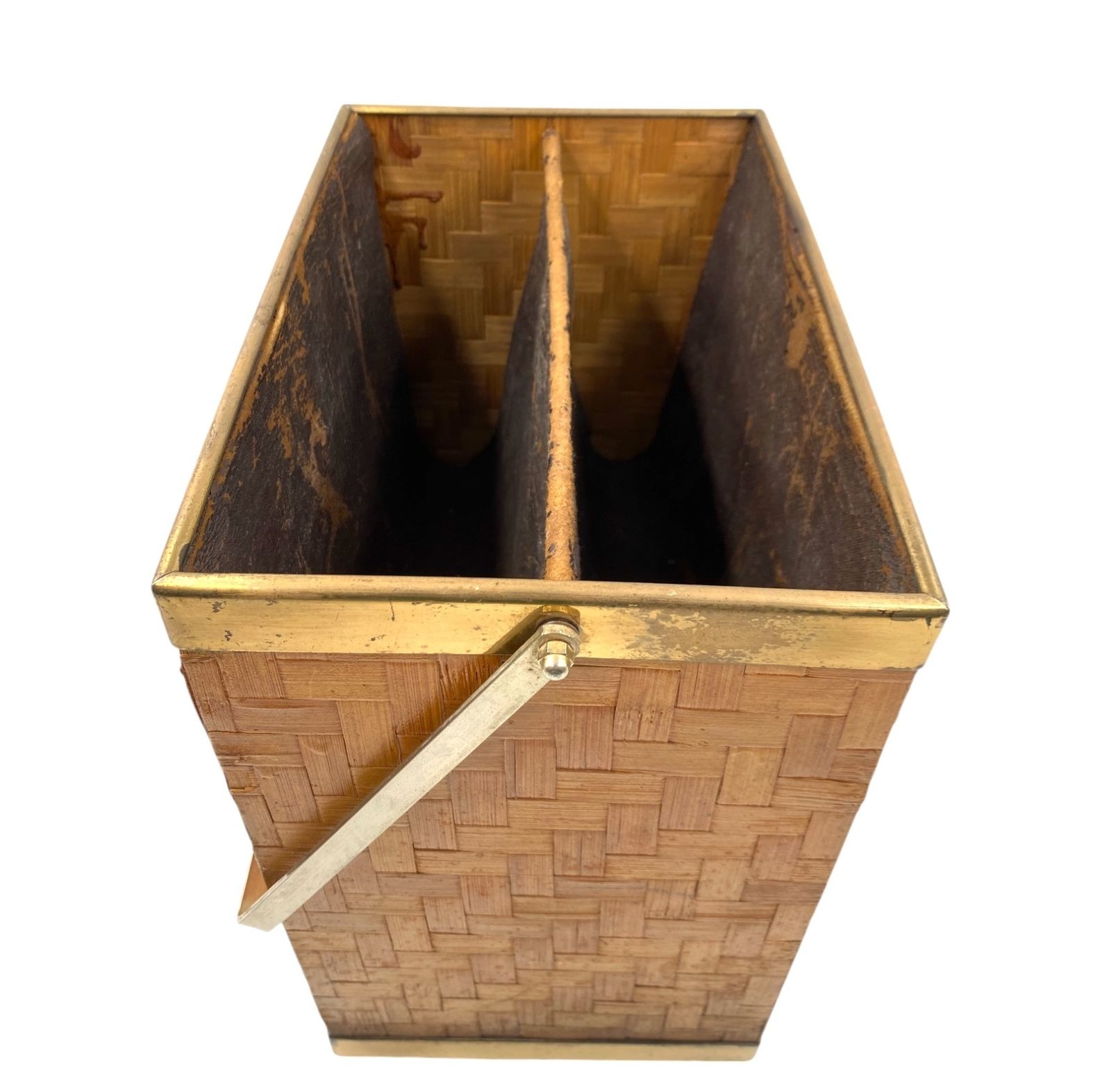 photo buy Hollywood Regency Brass And Woven Bamboo Magazine Rack, Metal Linea Nova Italy 1970