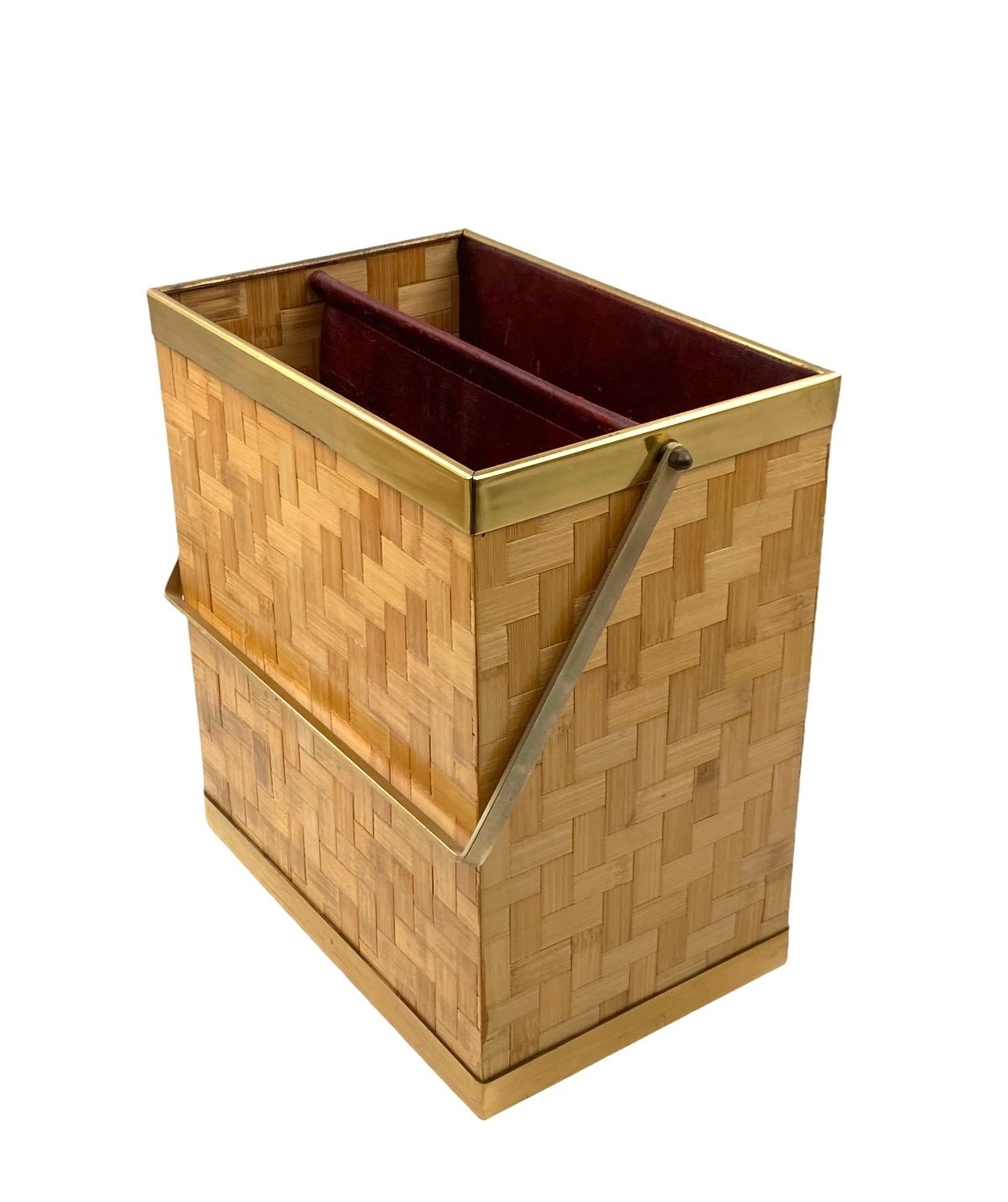 Hollywood Regency Brass And Woven Bamboo Magazine Rack, Metal Linea Nova Italy 1970