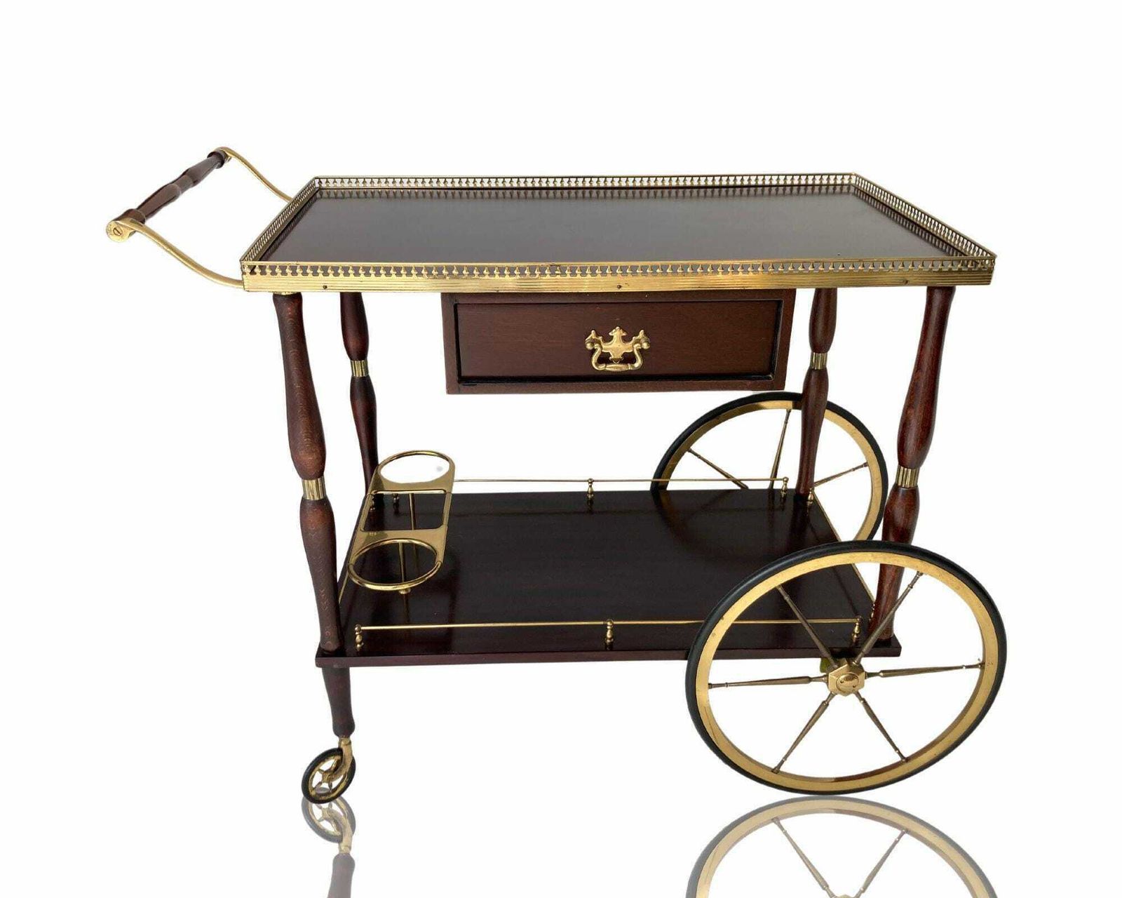 French Bar Cart | Brass And Lacquered Wood | Drawers And Bottle Holder | 1960s