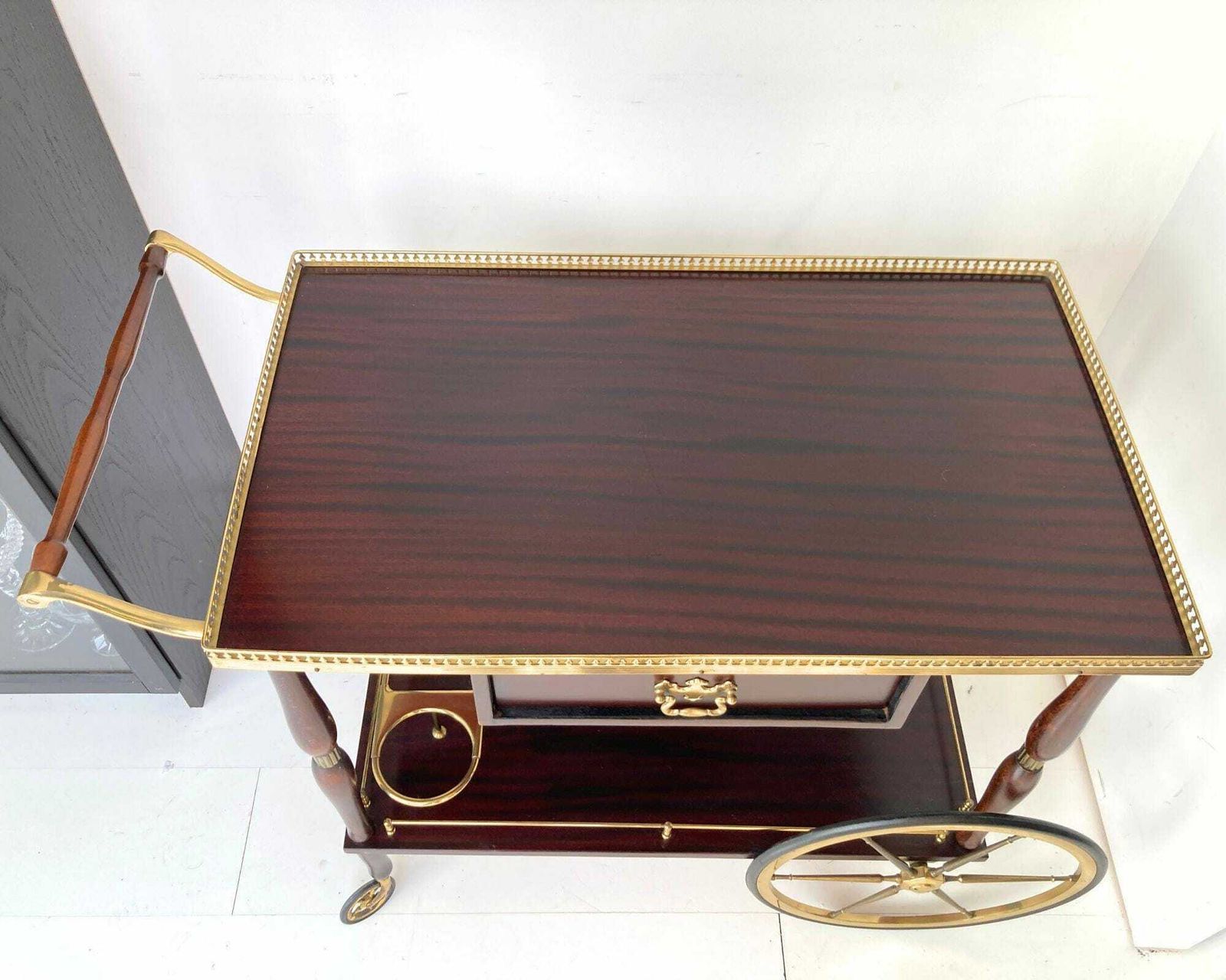photo furniture French Bar Cart | Brass And Lacquered Wood | Drawers And Bottle Holder | 1960s
