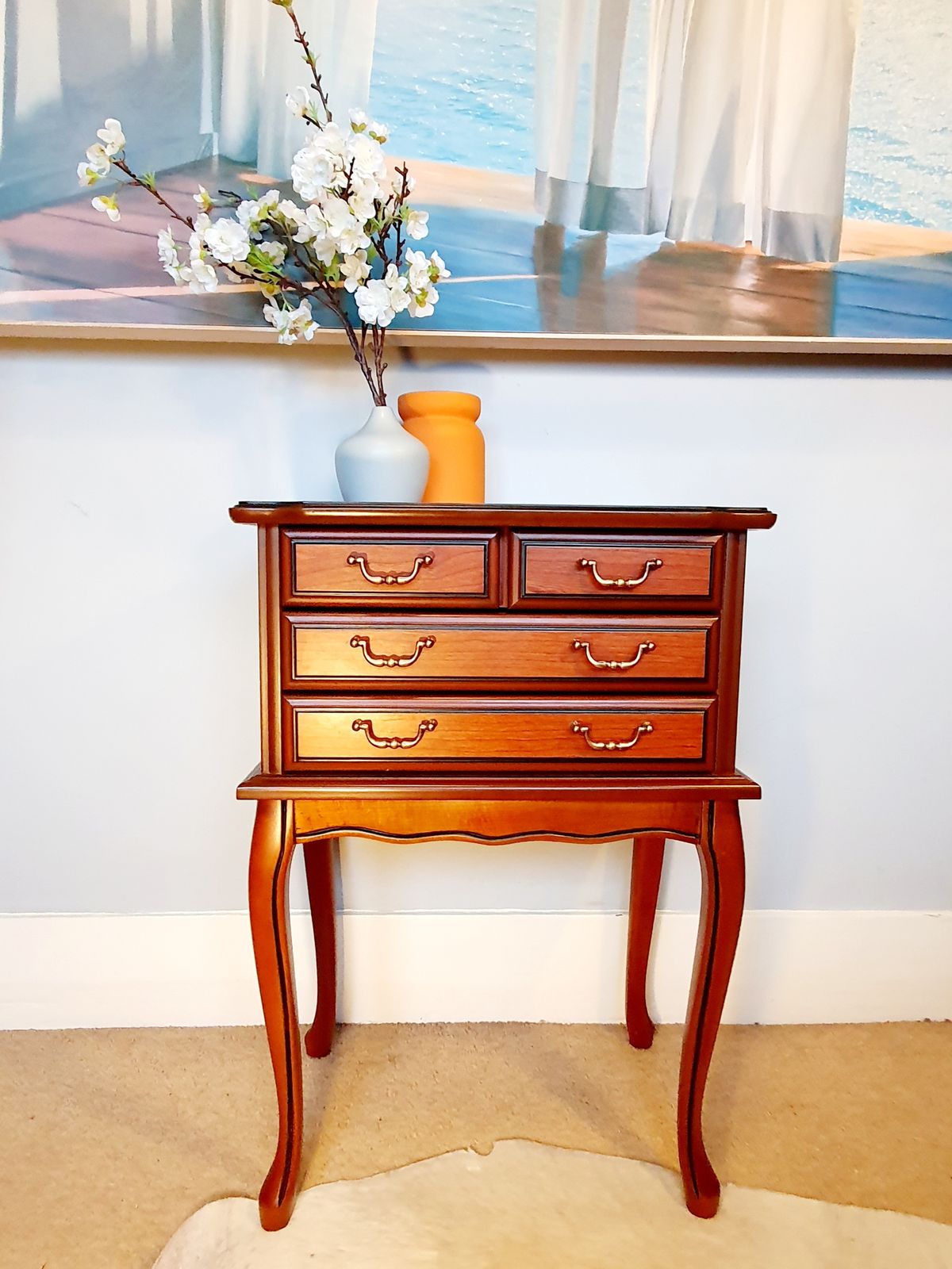 Queen Anne Style Reproduction Antique Chiffonier, Beside Or Side Table, With 4 Drawers.