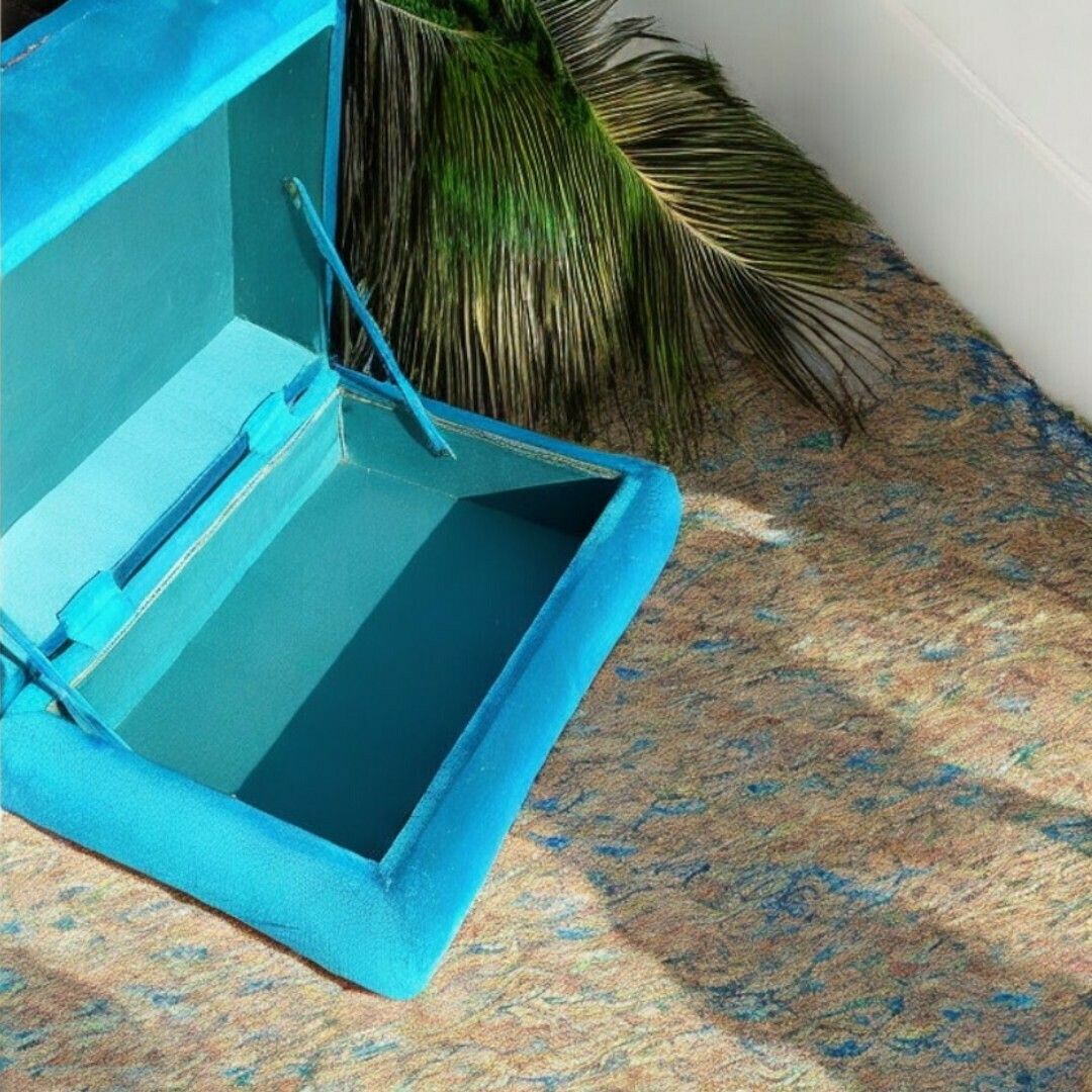 Vintage Velvet Ottomann In Peacock Blue photo for sale