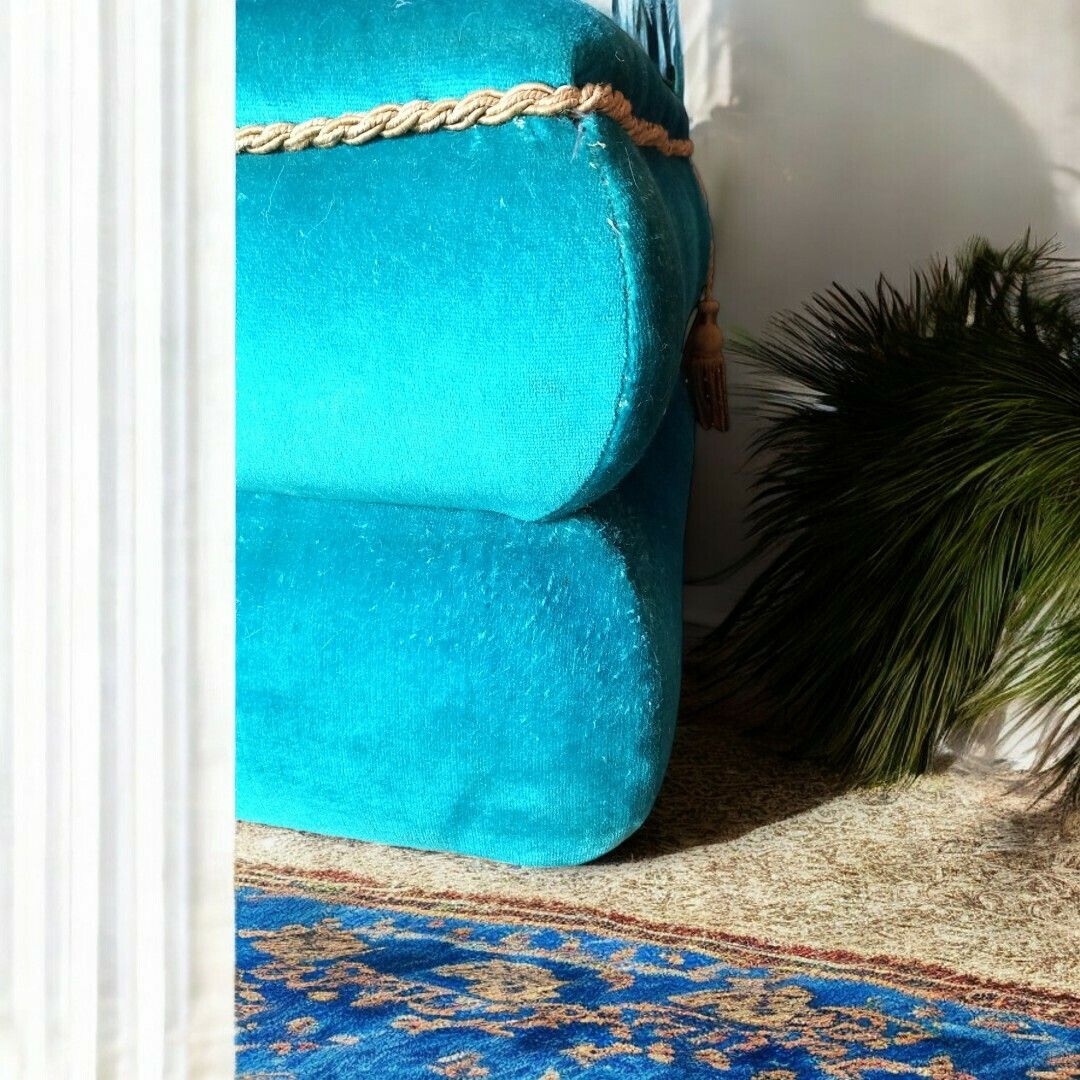 photo furniture Vintage Velvet Ottomann In Peacock Blue