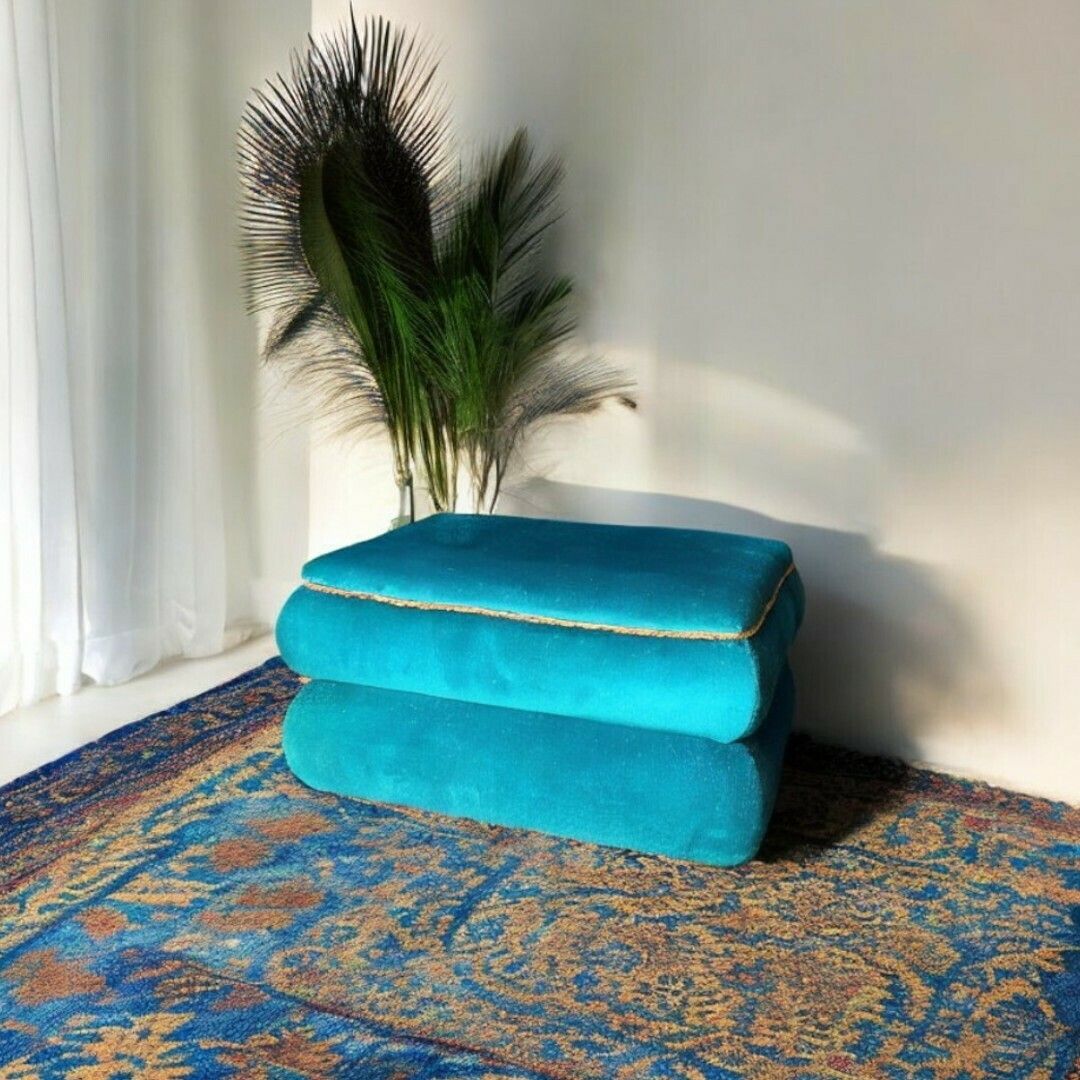 Vintage Velvet Ottomann In Peacock Blue