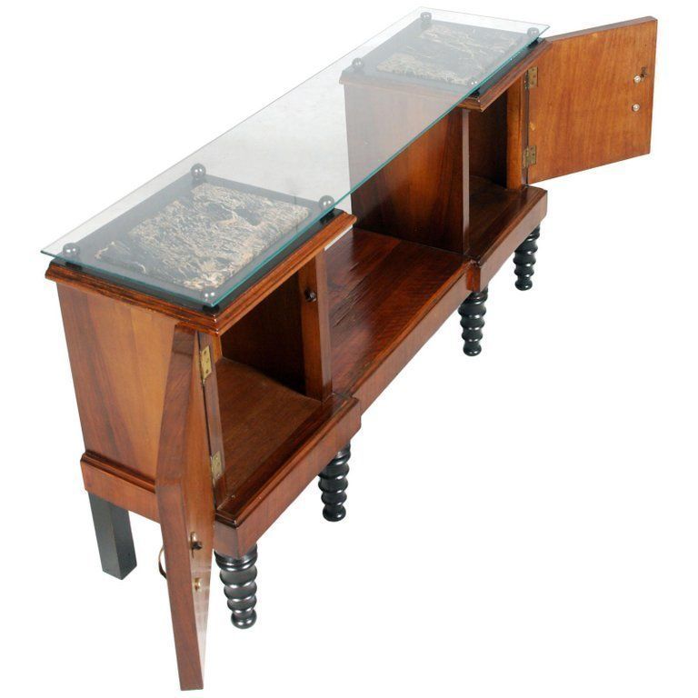 Early 20th Century Console, Tv Stand, Burl & Ebonized Walnut, Marble, Glass Top photo furniture