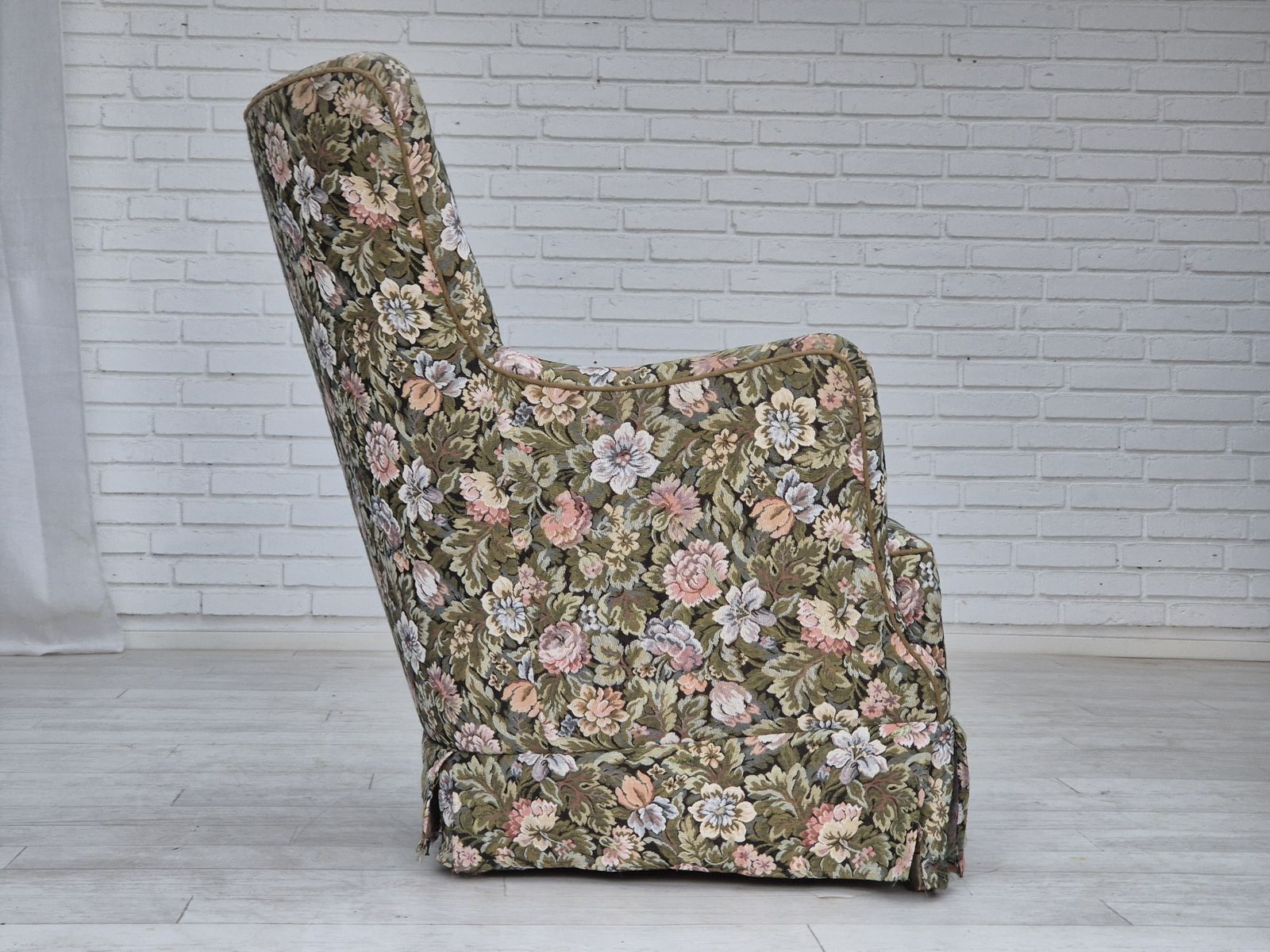 1970s, Danish Armchair, Reupholstered, Flowers Furniture Fabric. photo furniture