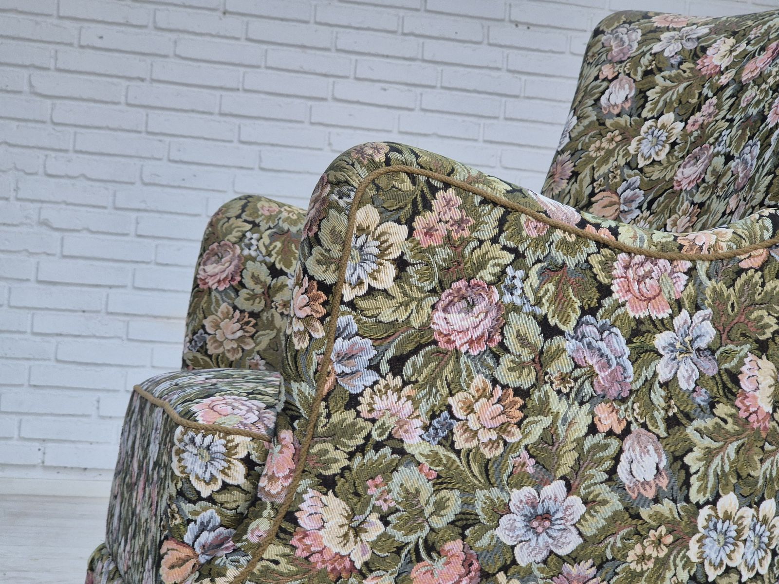 1170.0 1970s, Danish Armchair, Reupholstered, Flowers Furniture Fabric. photo