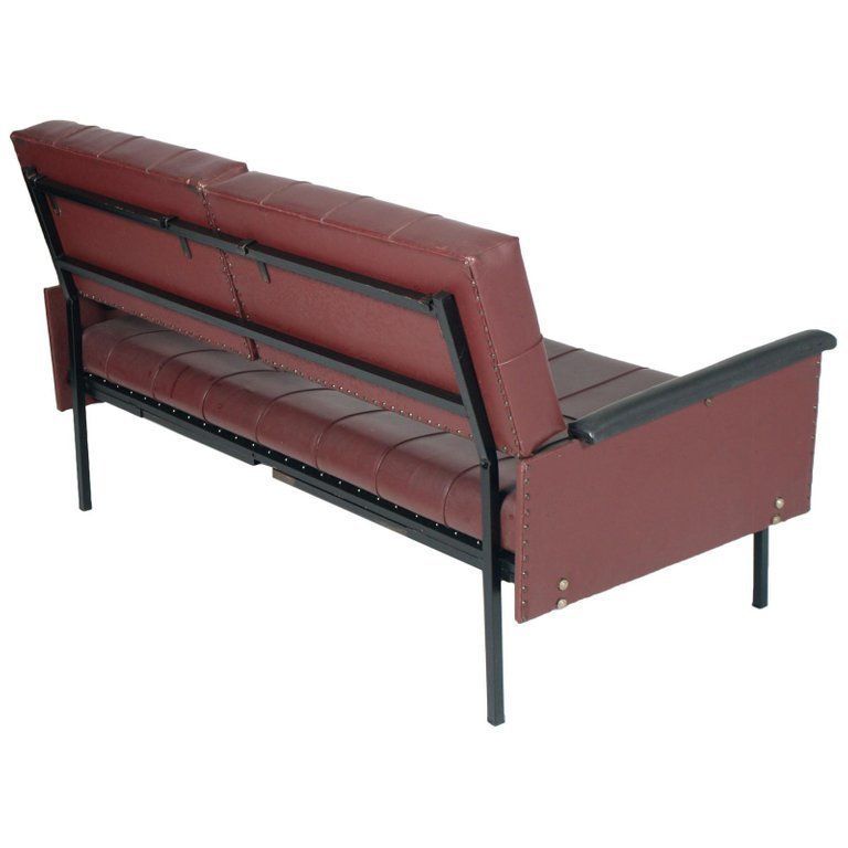 photo for sale Italy 1960s Cubist Armchairs & Sofa, Iron Legs, Faux Leather Quilted Upholstery