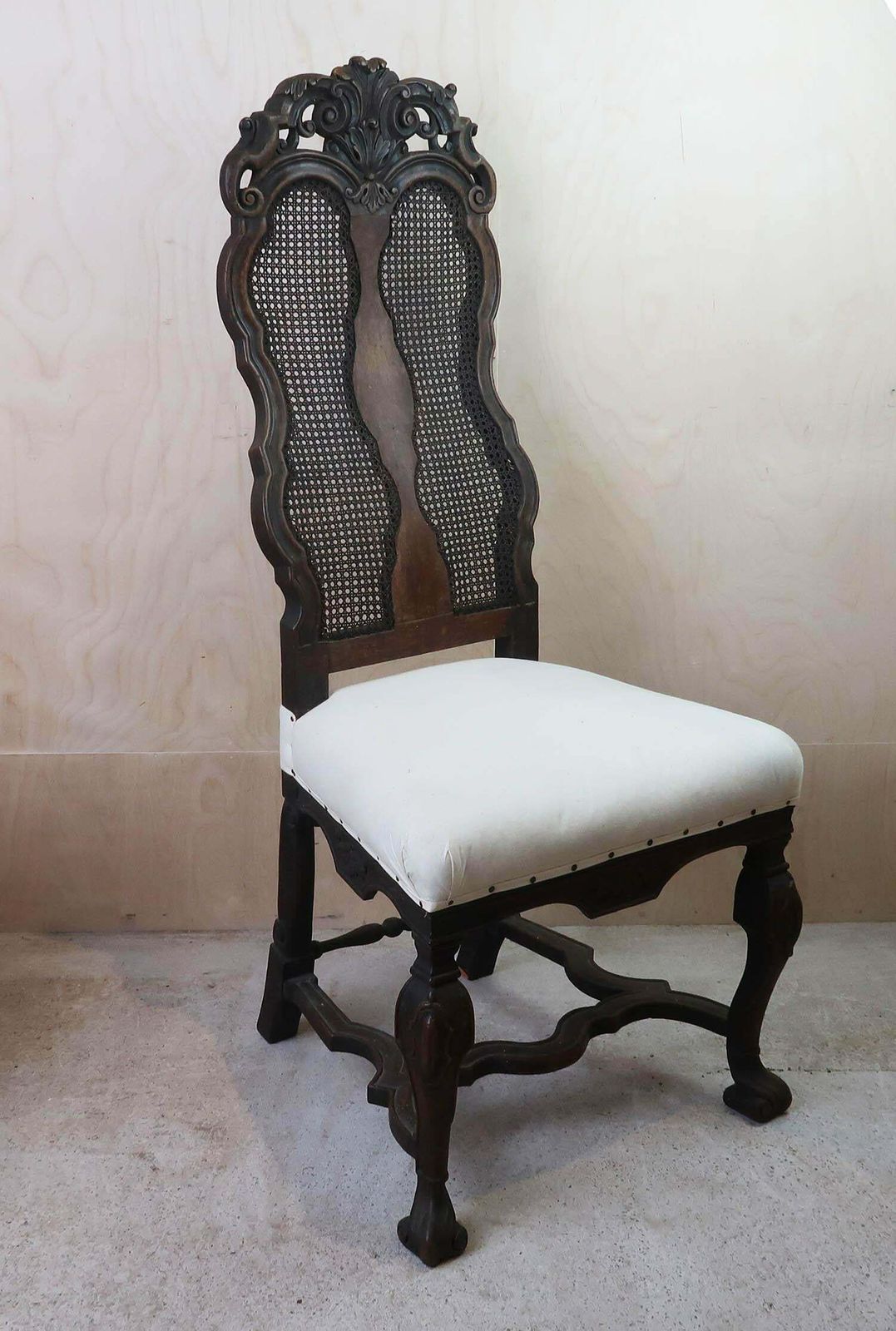 Pair Of Antique Baroque Style Dutch Carved Walnut And Bergère Side Chairs. photo for sale