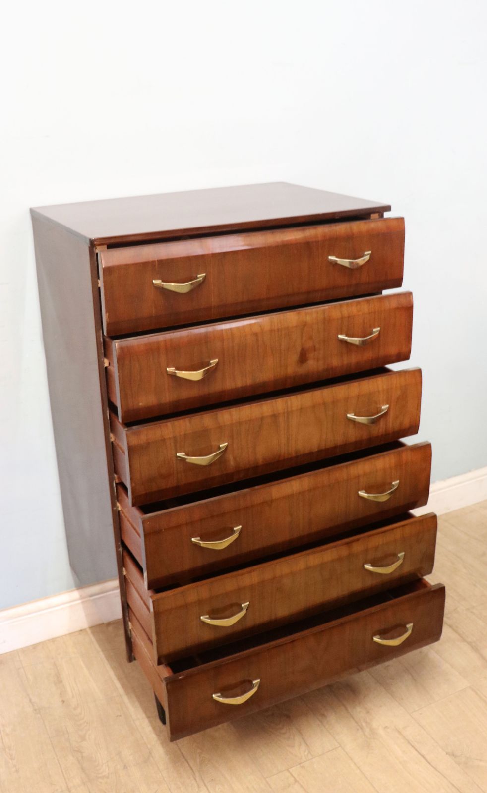 A Lovely Mid Century Bedroom Chest Of Drawers With Walnut Veneer And High Gloss Finish. photo for sale