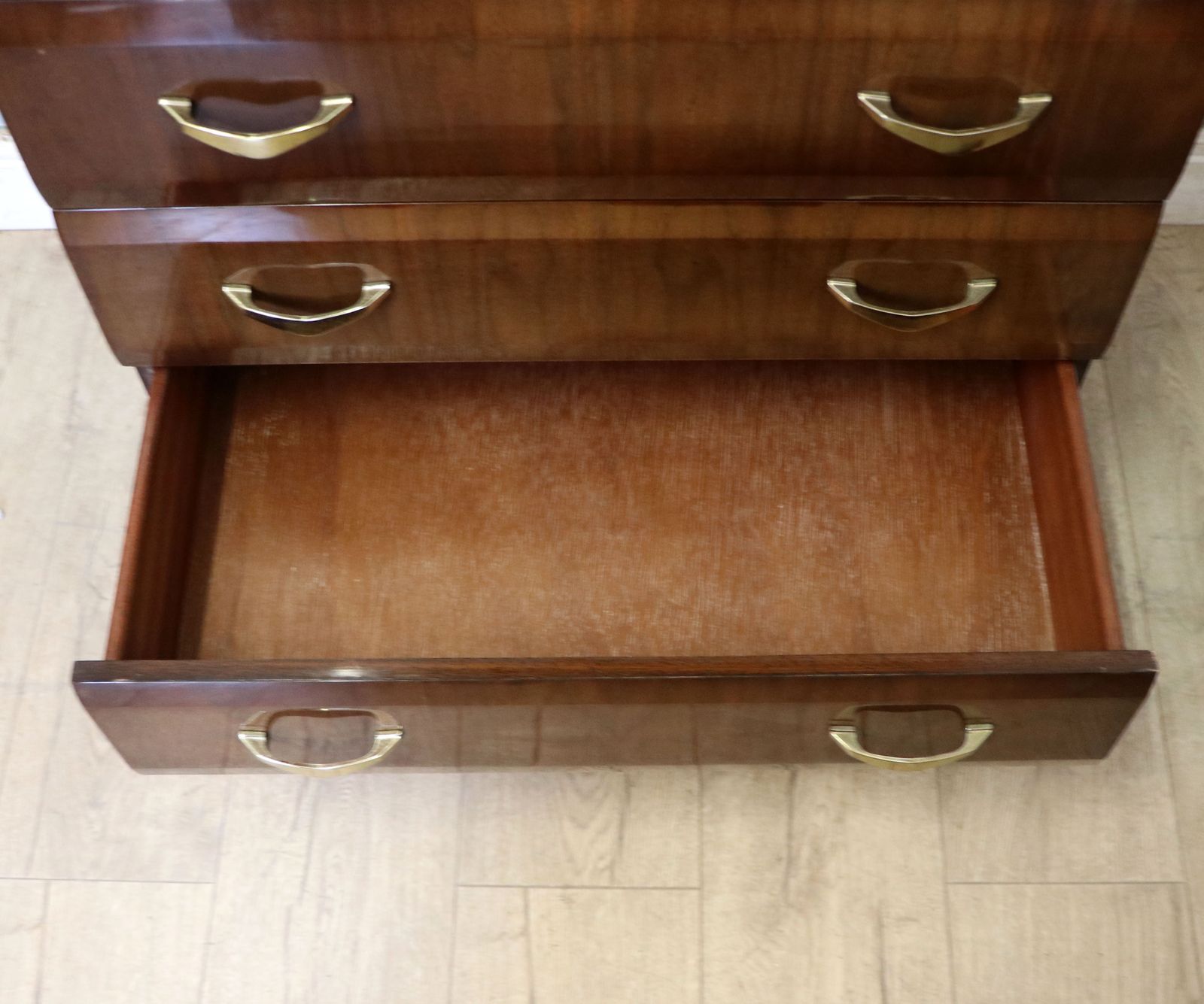 A Lovely Mid Century Bedroom Chest Of Drawers With Walnut Veneer And High Gloss Finish. photo buy