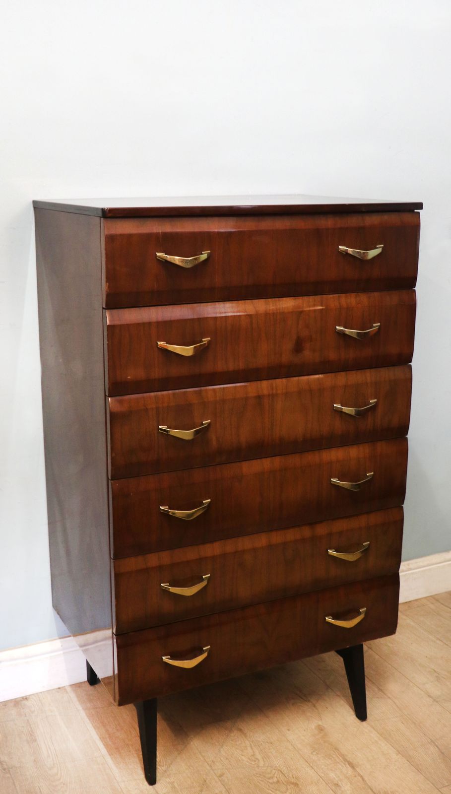 photo for sale A Lovely Mid Century Bedroom Chest Of Drawers With Walnut Veneer And High Gloss Finish.