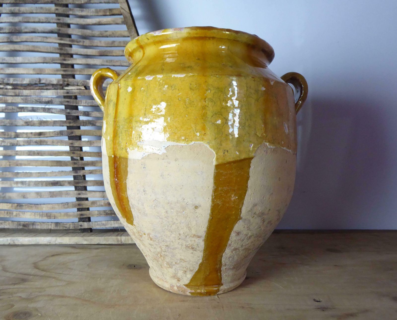 Large Antique French Yellow Confit Pot, Yellow Glazed Earthenware Vase, Farmhouse Décor, Kitchen Crock