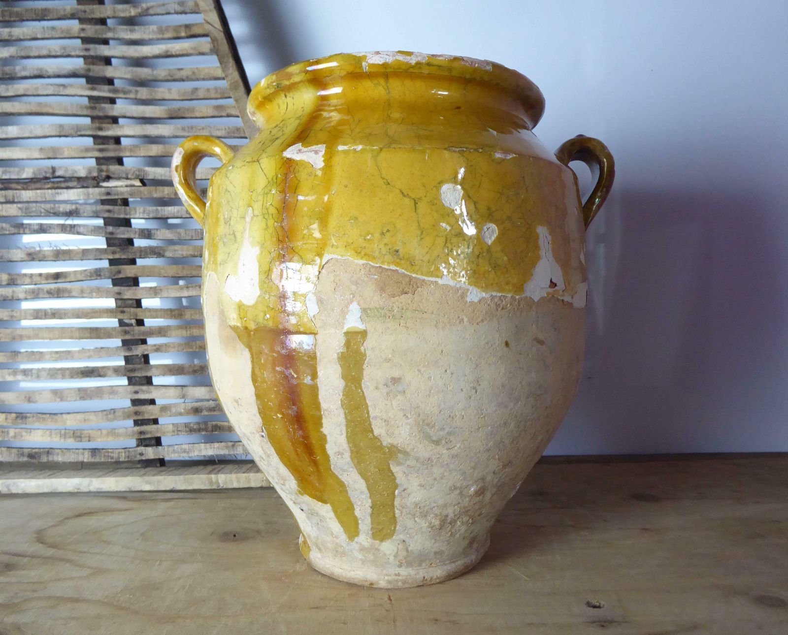 Large Antique French Yellow Confit Pot, Yellow Glazed Earthenware Vase, Farmhouse Décor, Kitchen Crock photo furniture
