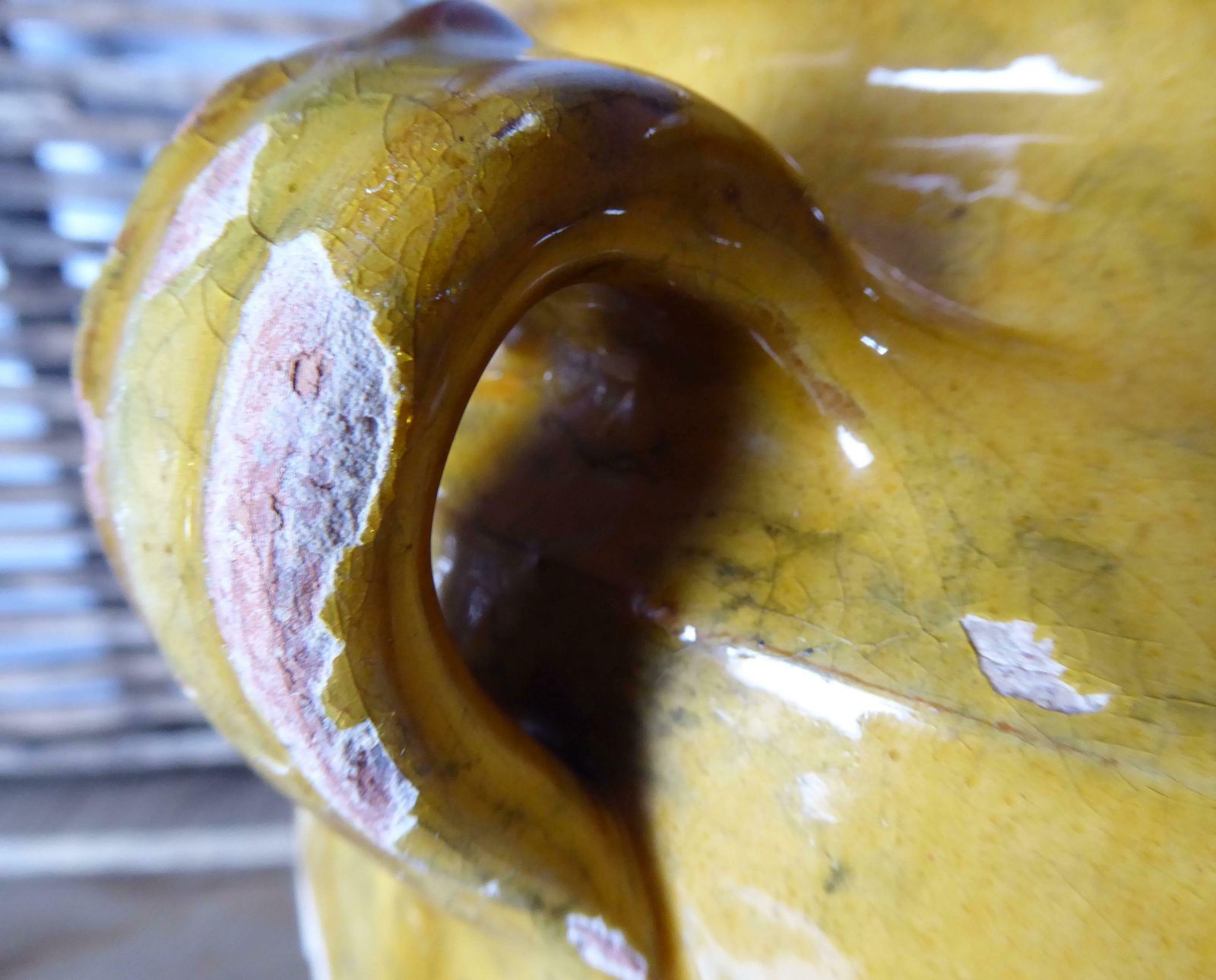 Large Antique French Yellow Confit Pot, Yellow Glazed Earthenware Vase, Farmhouse Décor, Kitchen Crock photo vintage