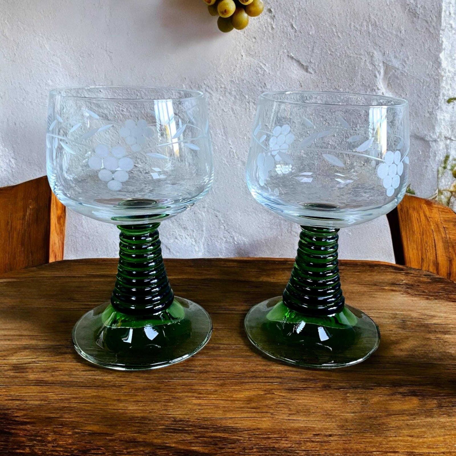 Vintage, French, Green Stem, Mid Century, Wine, Sherry Glasses, Set Of 2. Perfect Gift For Any Vintage Lover. Homeware.