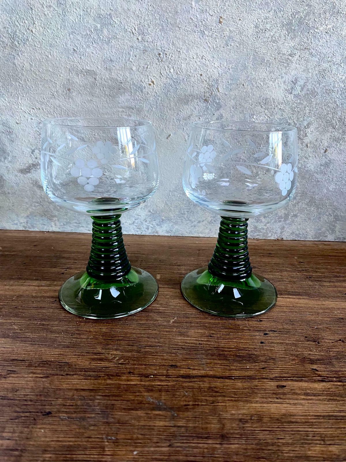 Vintage, French, Green Stem, Mid Century, Wine, Sherry Glasses, Set Of 2. Perfect Gift For Any Vintage Lover. Homeware. photo for sale