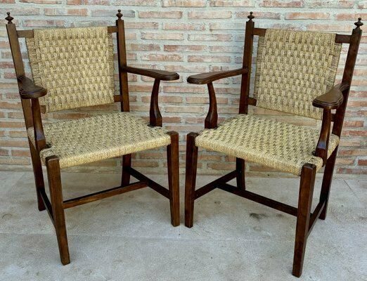20th Spanish Walnut Armchairs With Backs And Caned Seats, 1940, Set Of 2 photo for sale