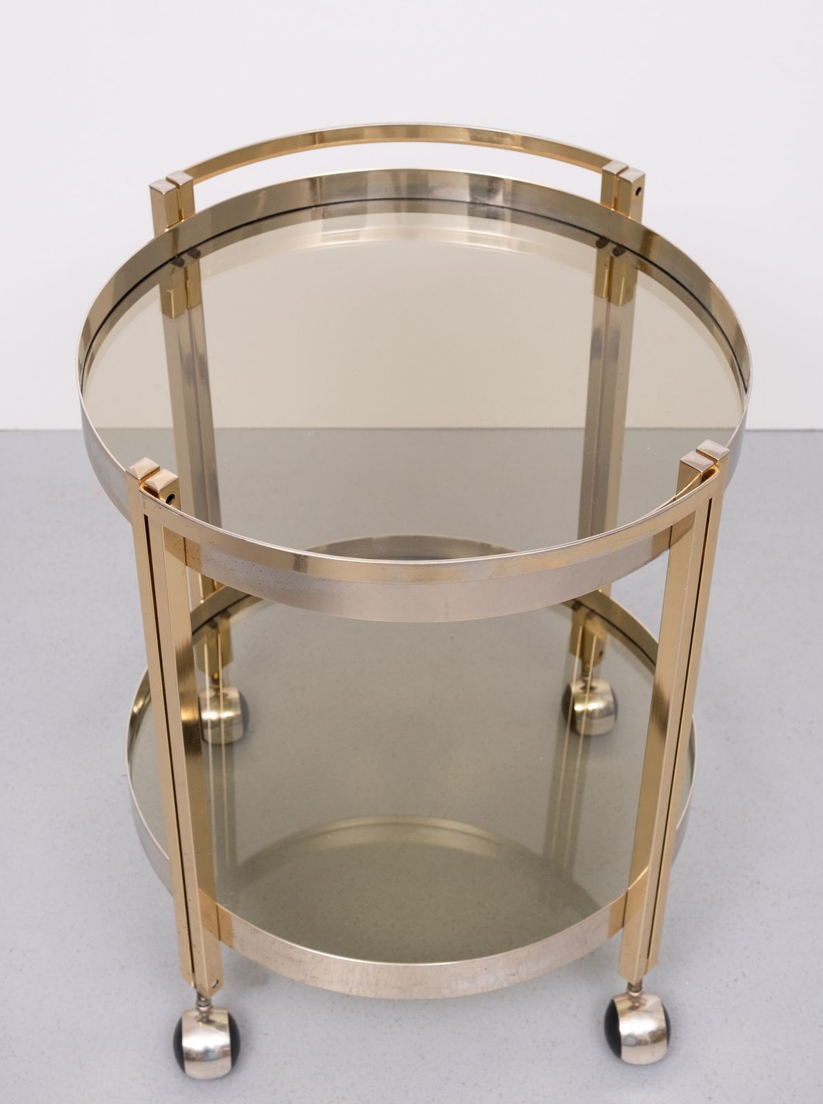 Hollywood Regency Round Brass And Nickel Serving Trolley 1970s photo vinterior