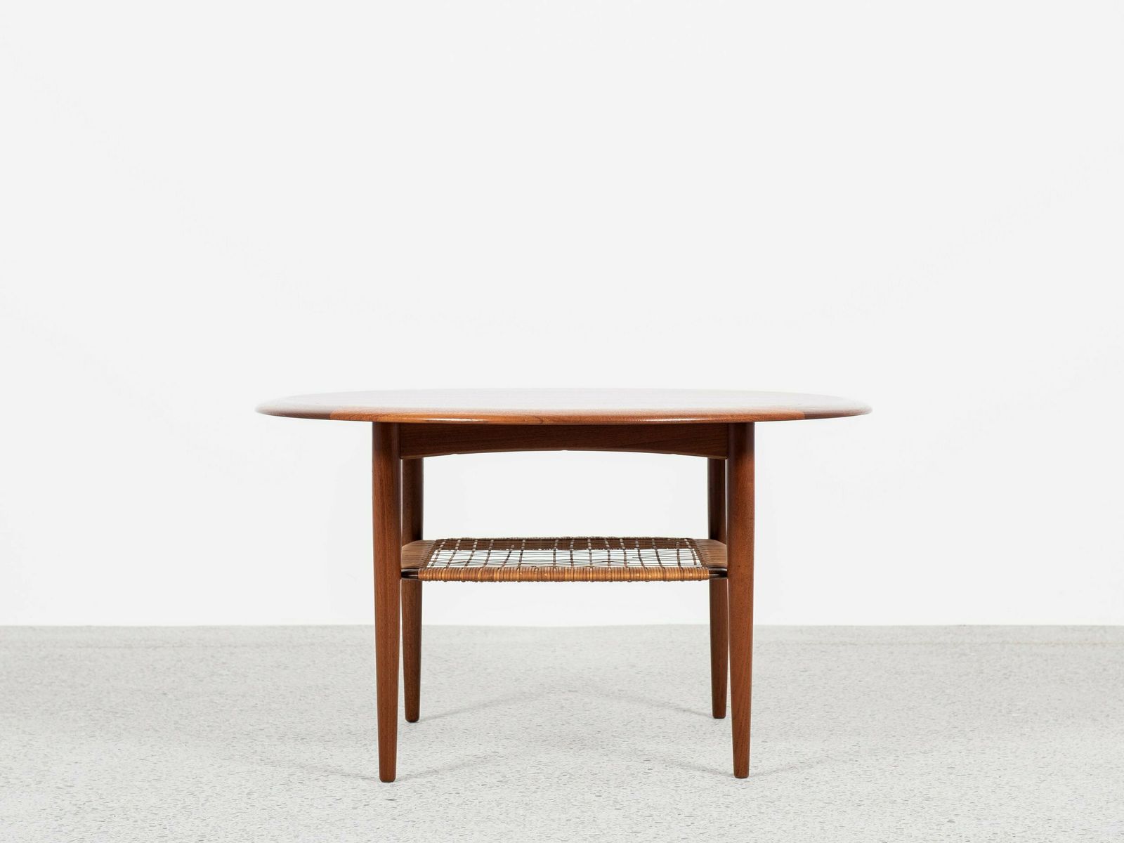 Midcentury Danish Round Coffee Table In Teak And Cane By Johannes Andersen For Silkeborg 1960s