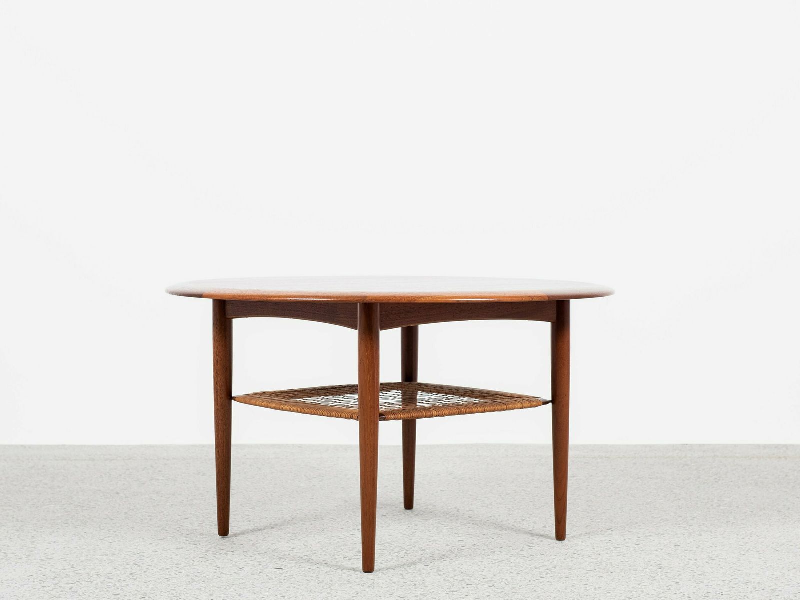 Midcentury Danish Round Coffee Table In Teak And Cane By Johannes Andersen For Silkeborg 1960s photo for sale