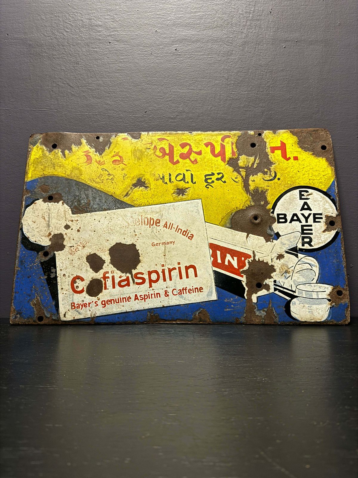 1940s Vintage Bayer Cafiaspirin Double Sided Enamel Advertising Sign photo vinterior