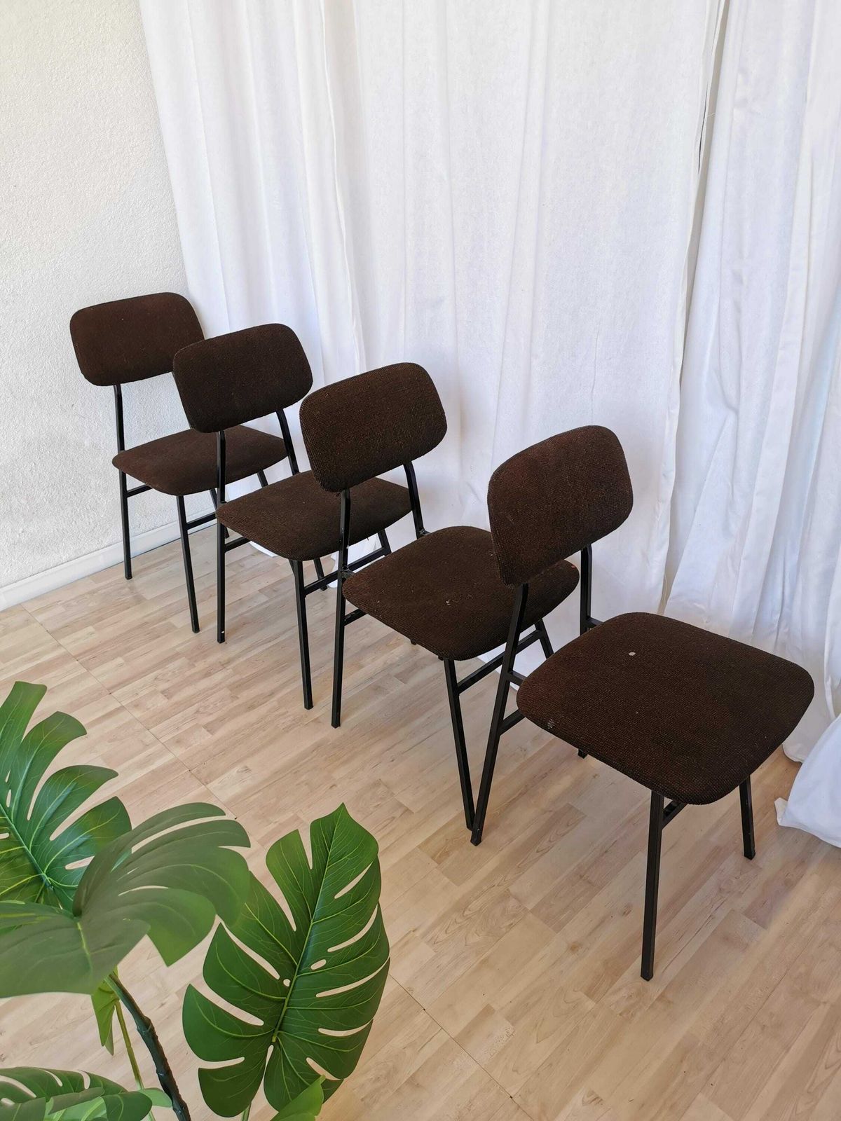 Set Of 4 Vintage Brown Dine Chairs / 1970s Yugoslavia / Metal Base Brown Fabric / Retro School Dining Chairs By Stol Kamnik photo buy