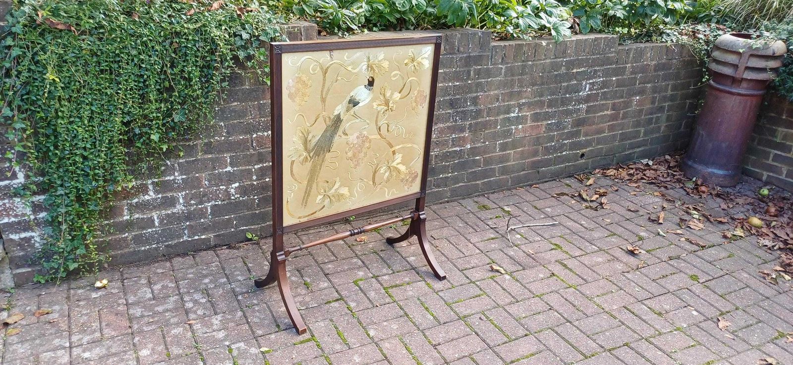 Huge Imposing Victorian Mahogany Fire Screen With Bird Of Paradise Embroidery Needlework. photo furniture