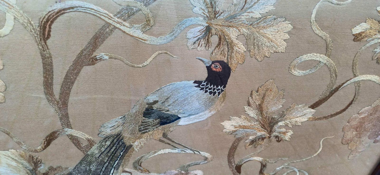 Huge Imposing Victorian Mahogany Fire Screen With Bird Of Paradise Embroidery Needlework. photo 475.0