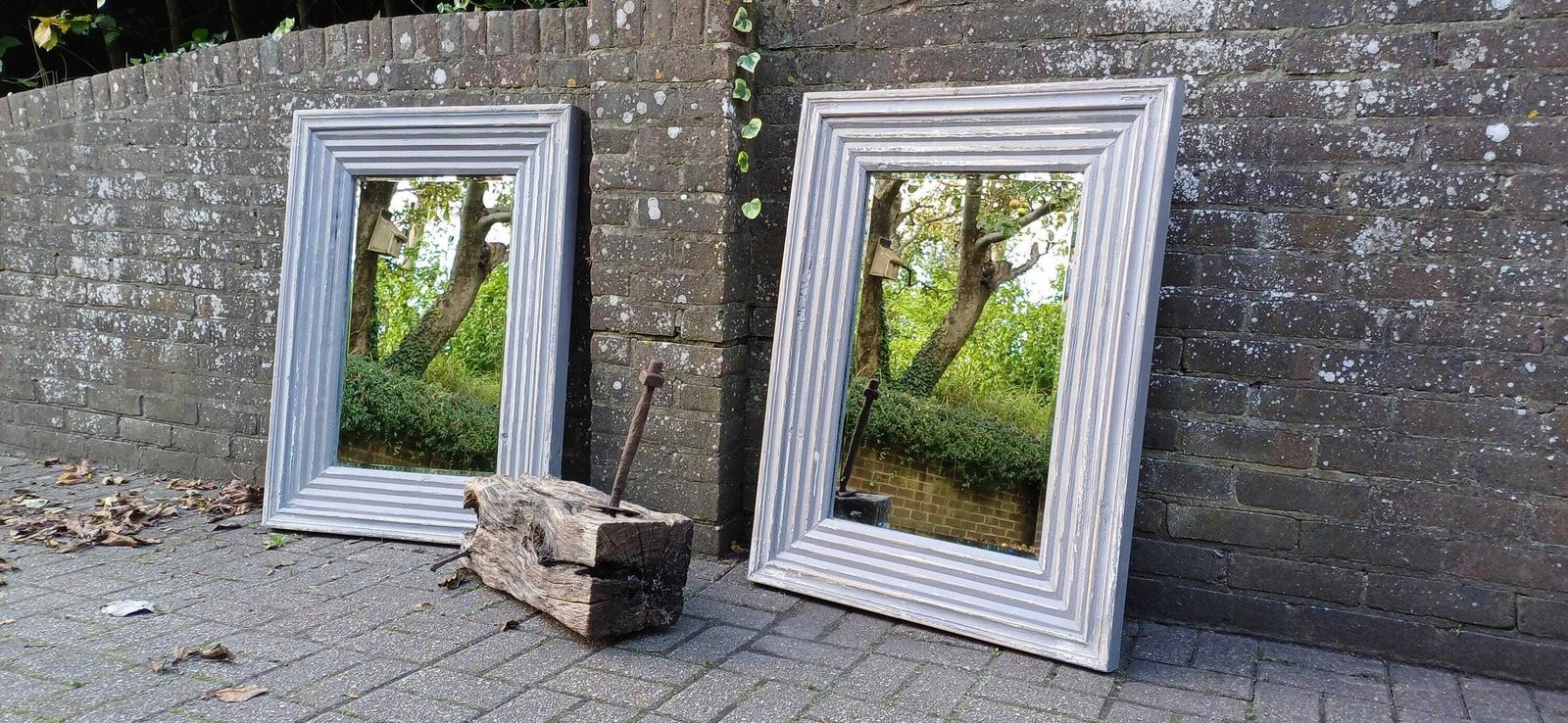 Superb Pair Of Very Large Painted Grey Mirrors Bespoke Distressed Contemporary Finish Bevelled Glass. photo furniture