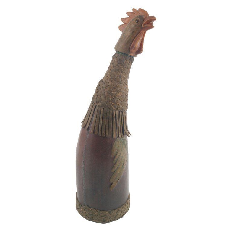 1950s Old Collection Bottle Covered In Leather In The Shape Of A Rooster