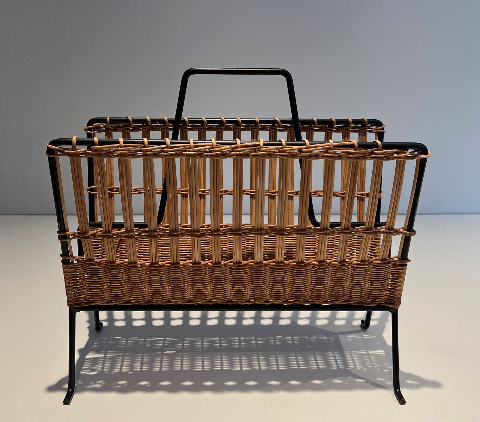 Black Lacquered Metal And Rattan Magazine Rack photo furniture