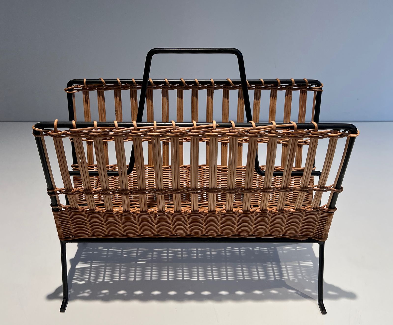 Black Lacquered Metal And Rattan Magazine Rack photo for sale