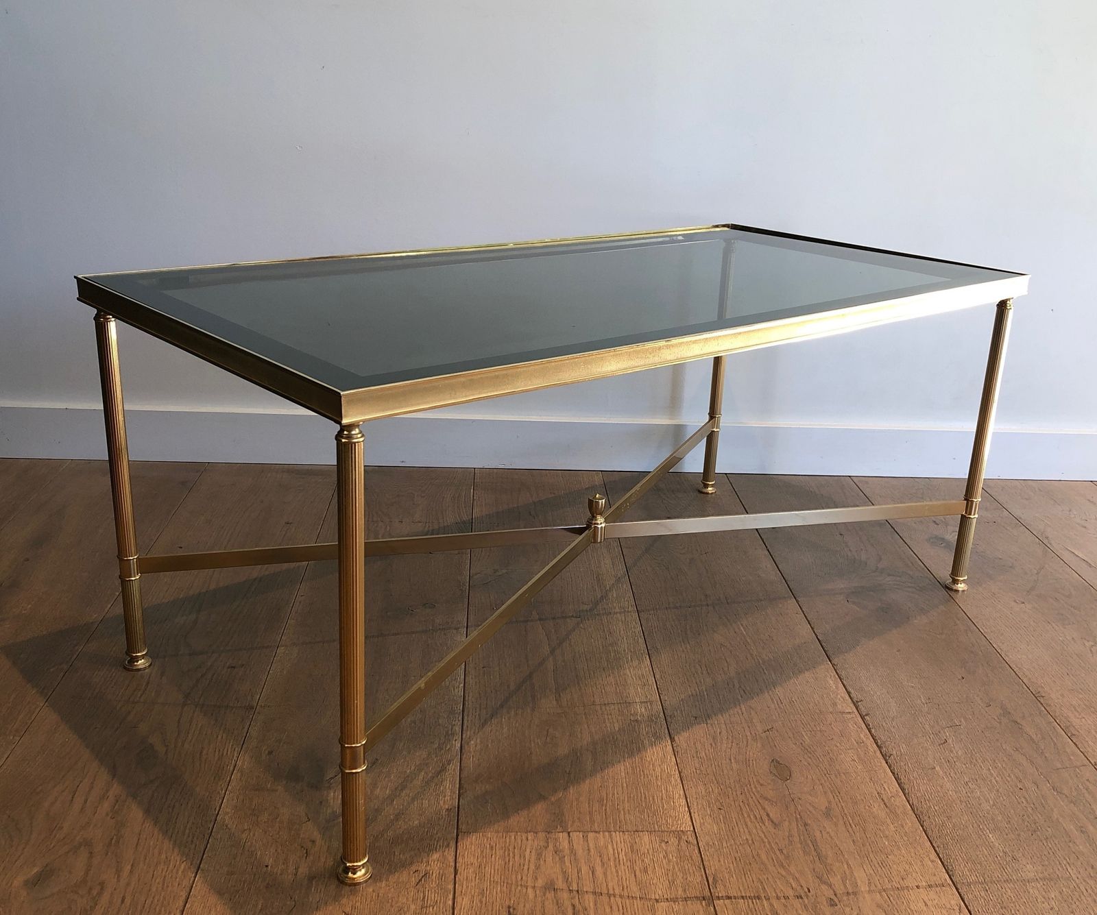 Neoclassical Style Coffee Table In Gold Metal With Blue Glass Top photo for sale