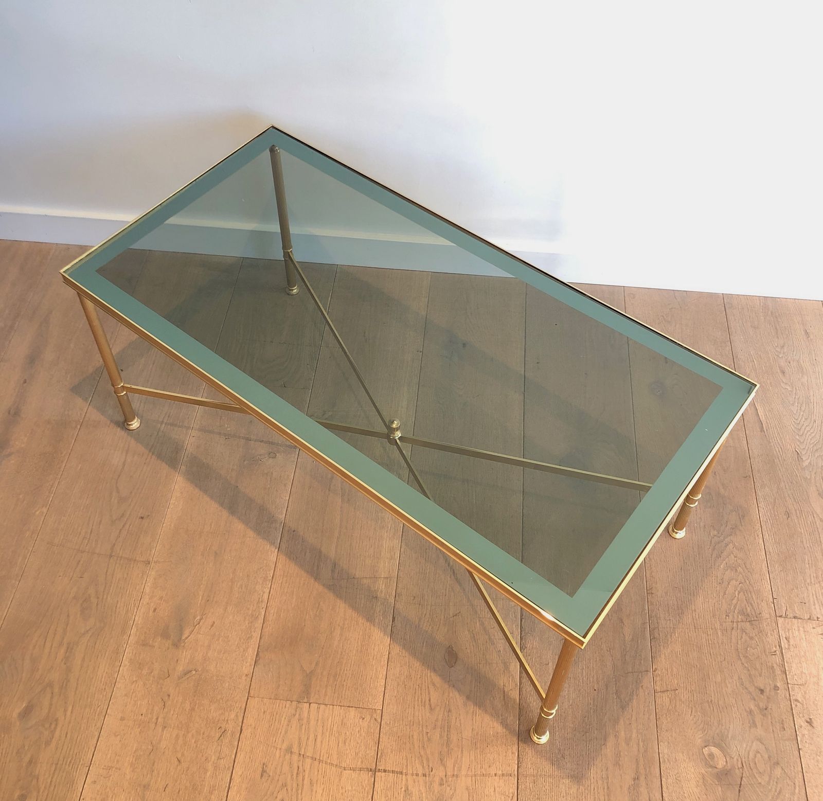 Neoclassical Style Coffee Table In Gold Metal With Blue Glass Top photo Furniture
