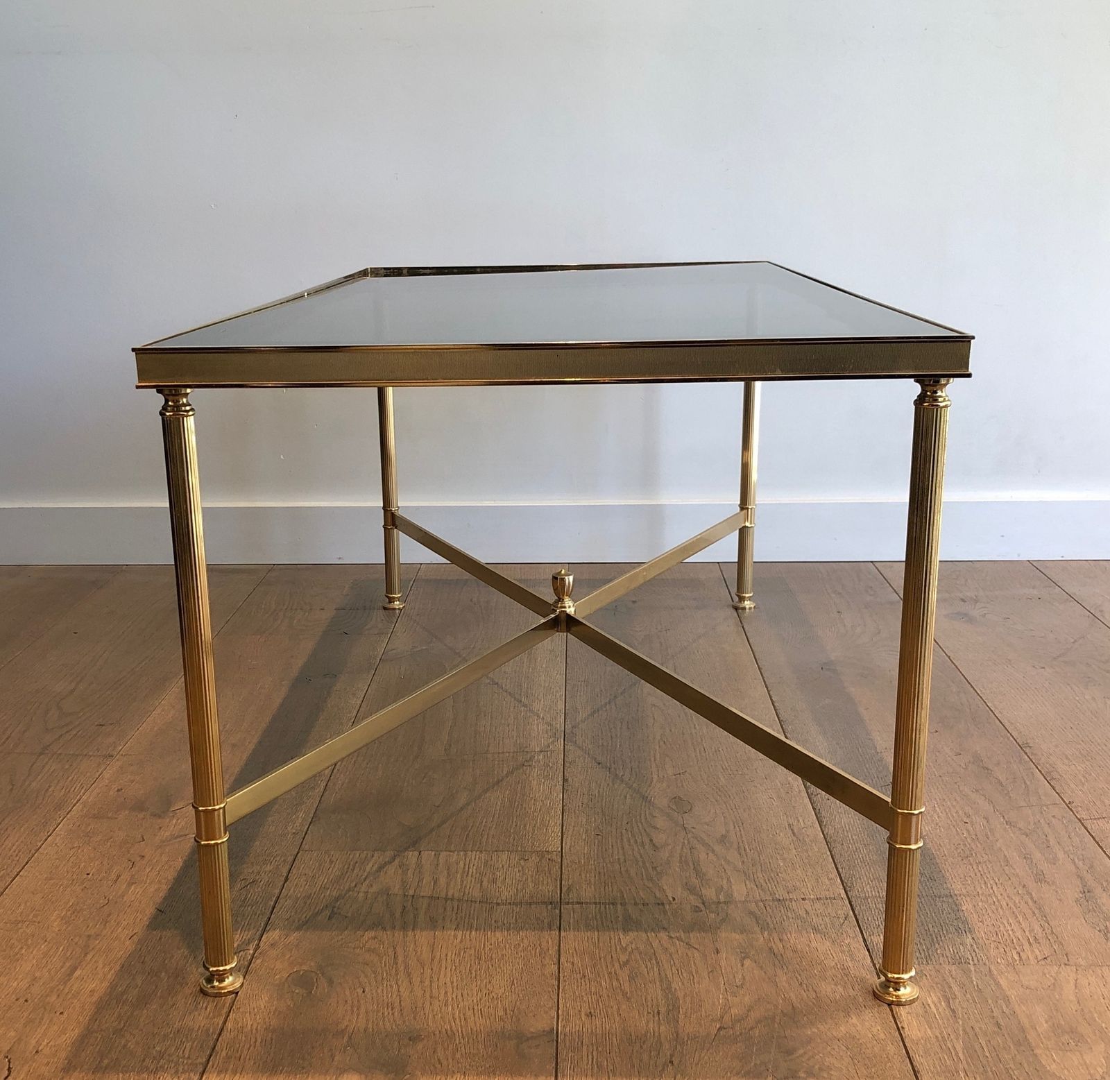 Neoclassical Style Coffee Table In Gold Metal With Blue Glass Top photo 1450.0