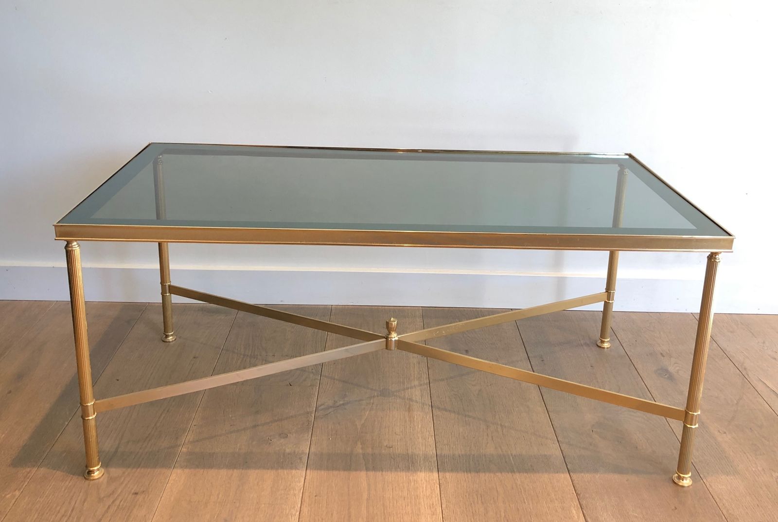 1450.0 Neoclassical Style Coffee Table In Gold Metal With Blue Glass Top photo